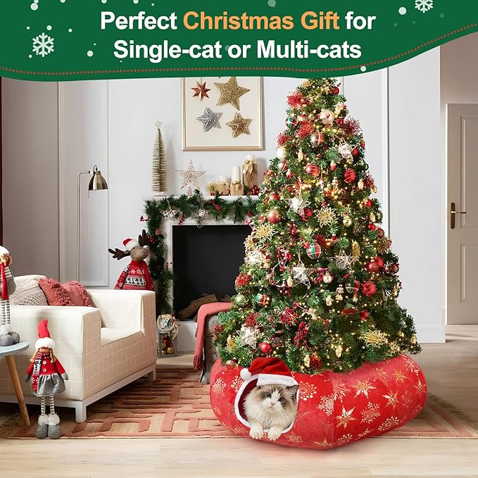 Cat Tunnel Bed for Indoor Cats, L Christmas Tree Skirts Washable Warm Soft Indoor Cat Donut Tunnel, Multifunctional Cat Interactive Playground Toys for Felines Pet Christmas Tree Decoration