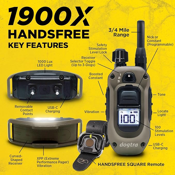 Dogtra 1900X Handsfree E-Collar for Dog Training - 3/4 Mile Range, for Dogs 45 lbs+, Waterproof, 100 Stimulation Levels, Vibration, Tone, Rechargeable - Hands-Free Remote for Dog Owners and Trainers