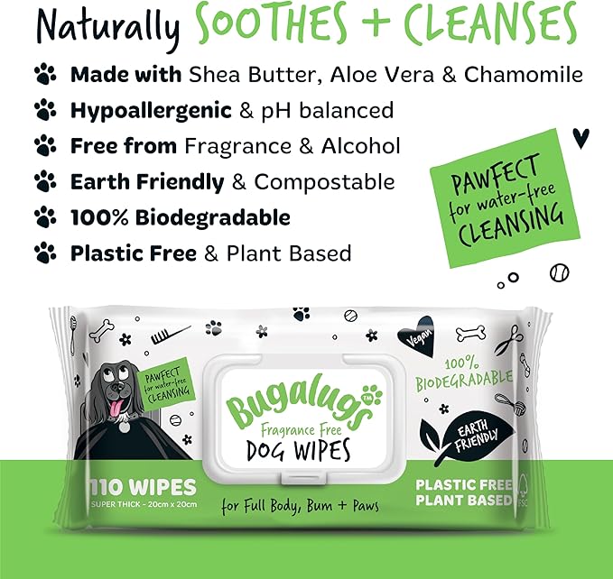 BUGALUGS Dog Wipes, 100% Plastic Free Biodegradable pet Wipes for Full Body, Eye Wipes, Ear Wipes, Bum & Paws. 110 Sensitive Dog Grooming Wipes for Dogs, Puppy & cat Grooming (Fragrance Free)