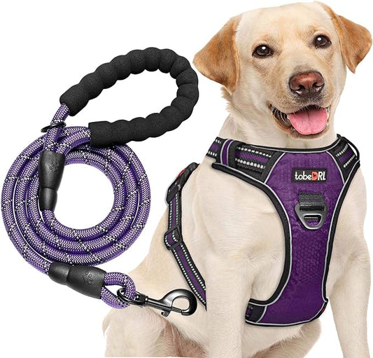 No Pull Dog Harness Adjustable Reflective Oxford Easy Control Medium Large Dog Harness with A Free Heavy Duty 5ft Dog Leash (M (Neck: 14.5"-20.5", Chest: 22"-28"), Purple Harness+Leash)