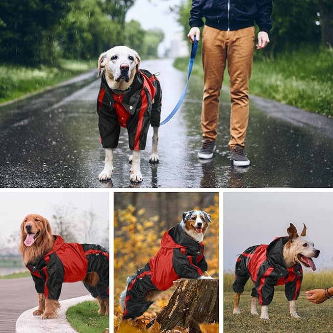 Dog Raincoat, Lightweight Rain Jacket, Adjustable 4-Legs Pet Poncho with Hood, Snow-Proof Dog Vest Rainwear, Rain Clothes Apparel with Leash Hole