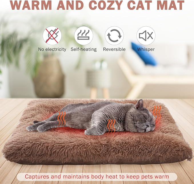 SCENEREAL Self Warming Cat Bed, Heated Cat Bed Mat for Cats Small Dogs, 2 in 1 Soft Plush, Washable Pet Pad for Indoor Outdoor Kitten Puppy, Brown 28" x 24"