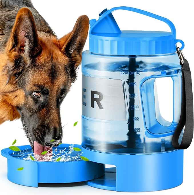 77oz Large Dog Water Bottle - Portable Travel Dog Water Dispenser & Bowl - Leak-Proof Pet Water Jug for Hiking, Camping, Walking & Car Trips, Blue