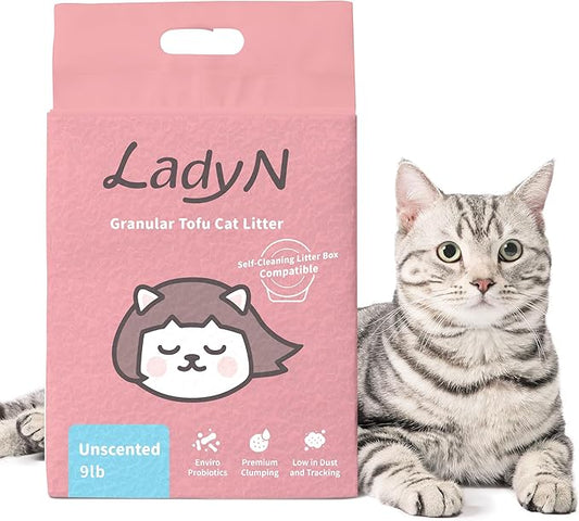Lady N Granular Tofu Cat Litter Mini-Pellet Compatible with Automatic Self Cleaning Cat Litter Box, Strong Clumping Ultra Absorbent, Low Tracking, Odor Control Activated Charcoal 9lb
