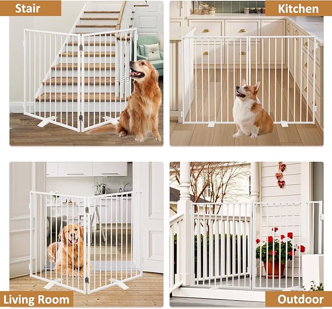 Metal Freestanding Dog Gates,Extra Wide 24", 32" Height Foldable Dog Fence for Indoor & Outdoor, Heavy Duty Freestanding Pet Barrier for Stairs, Doorways, Halls, Kitchen,Yard