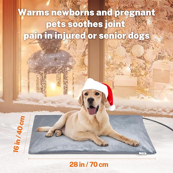 Toozey Outdoor Pet Heating Pad 28x16in, Extremely Waterproof Heated Bed for Dogs and Cats, Thermostatic Control, Chew-Resistant Cord, Soft Electric Blanket with Overheat Protection
