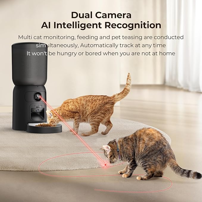 Smart Pet Feeder with Dual Camera & AI Recognition, 6L Automatic Cat Dog Feeder with App Control, 2.4G/5G WiFi, Voice Message, Pet Interaction, Motion Tracking, No Clog, Dual Power, for Multi-Pet