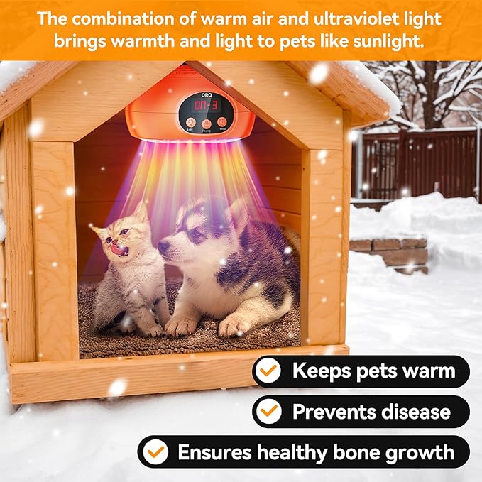 QRQ Chicken Coop Heater 200W-350W-500W Adjustment Chicken Heater with UVA UVB Ligh 3-6-9-12H Timer, Chicken House Dog House Greenhouse H-Eater Outdoor,for Dog Cats Reptile Bird (Orange)