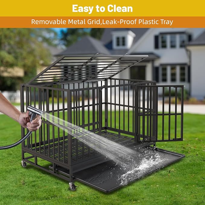 Escape-Proof Heavy Duty 48" Dog Crate, Indestructible Steel Kennel for Large & High-Anxiety Dogs with 300Lbs Capacity, Double Door Design with 4 Locking Wheels and Reinforced Baseplate.