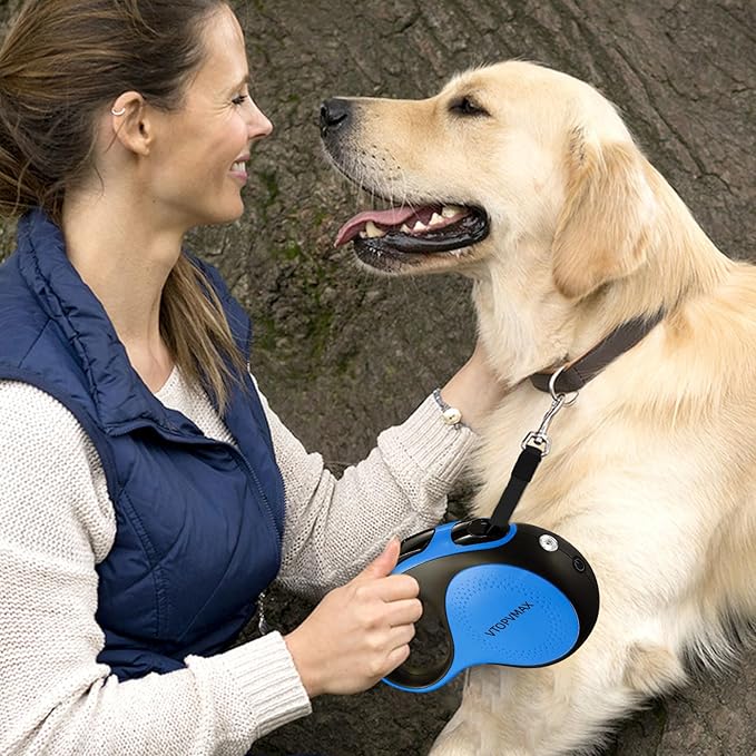 16Ft Retractable Dog Leash - for Small to Medium Dogs Up to 66lbs, Heavy Duty Retractable Leash with Light Rechargeable, Quick Lock Braking & Non-Slip Handle (Blue)