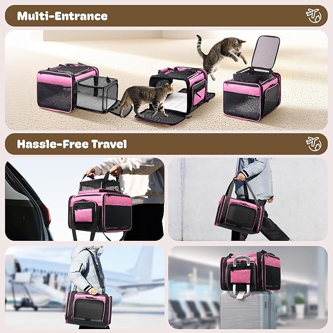 Top and 2 Sides Expandable Cat Carrier 18x11x11, TSA Airline Approved Dog Carriers for Medium Dogs, Soft-Sided Pet Carrier with Self-Locking Zippers for Kitten,Rabbit, Puppy, Guinea Pig Pink