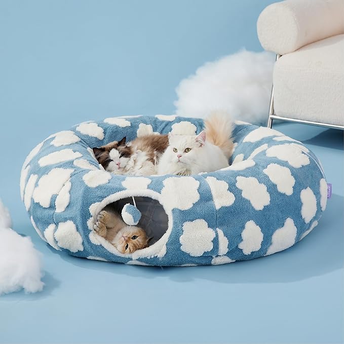 Lesure Large Cat Tunnel Bed - Cute Donut Bed for Indoor Cats with Washable Circle Cushion, Round Pet Peekaboo Cave Toy for Multi Kitten/Puppy/Rabbit, Large Cozy Clouds Blue
