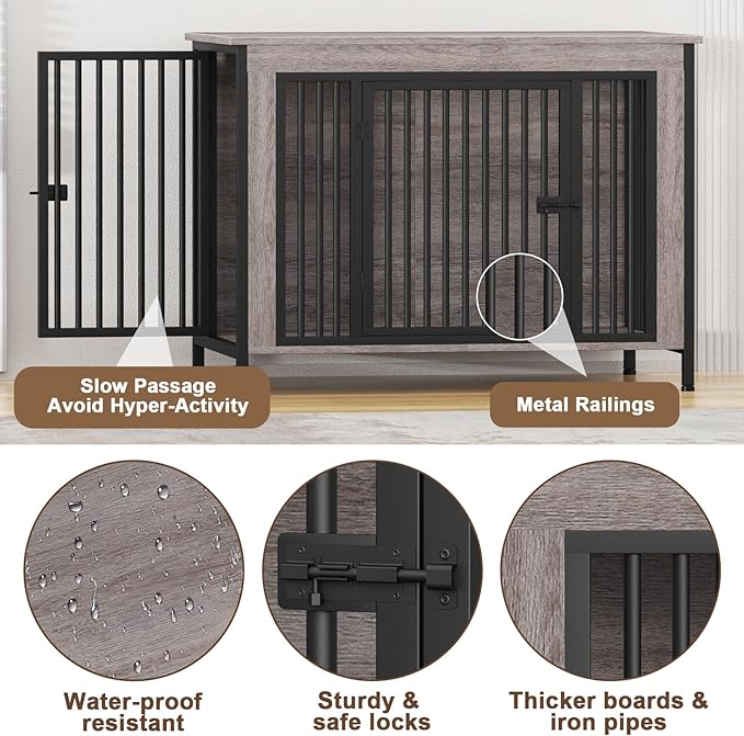 EasyCom Dog Crate Furniture for 1 or 2 Dogs, Heavy Duty Single/Double Dog Crates for Small/Medium/Large Dogs, Dog Kennel Furniture Indoor as TV Stand, Extra Large Size 47.24" L(65-92 Pounds), Oak Grey