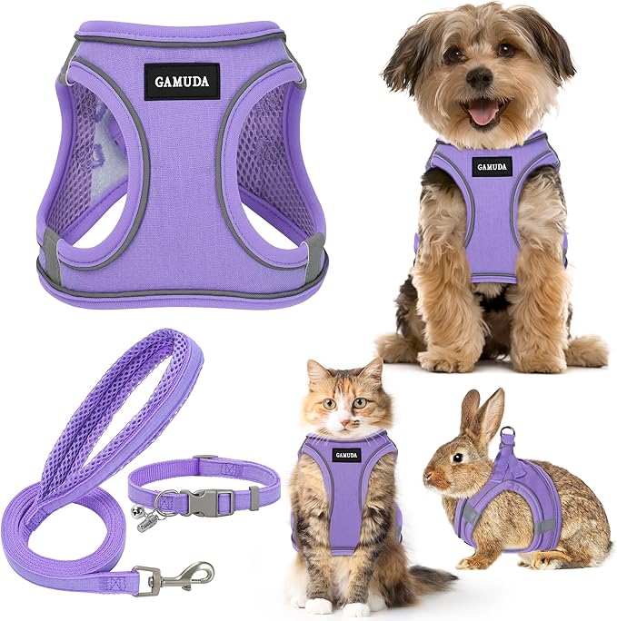 GAMUDA Small Pet Harness Collar and Leash Set, Step in No Chock No Pull Linen Fabric Soft Mesh Dog Vest Harnesses Reflective for Dogs Puppy Cats Kitten Rabbit (Purple, S)