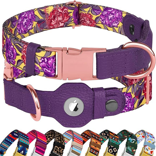 AirTag Dog Collar for Small Medium Large Breed - Adjustable Cute Pattern Dog Collar with Airtag Holder - Soft Leather Tracker GPS Apple Air Tag Pet Collars (Medium, 14"-18" Neck Fit, Peonies)