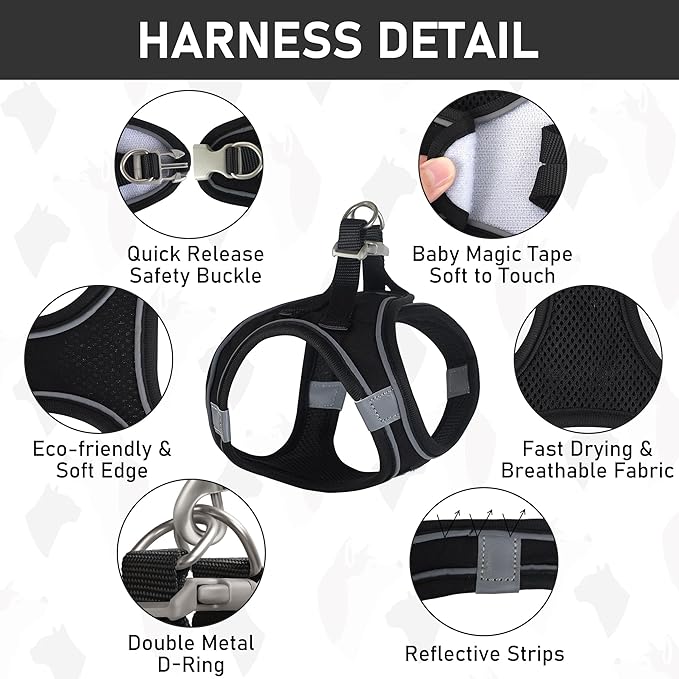 GAMUDA Small Dog Harness Collar and Leash Set, Step in No Chock No Pull Linen Fabric Soft Mesh Dog Vest Harnesses Reflective for Dogs Puppy Cats Kitten Rabbit (Black, M)