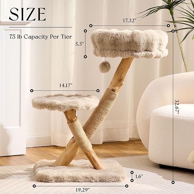 Solid Wood Cat Tree, Modern Cat Tree Tower for Large Indoor Cats, Natural Real Pear Wooden Aesthetic Cat Condo with Scratching Post for Adult Kittens-Khaki