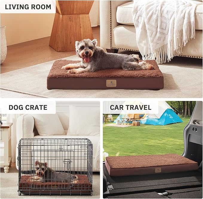 Bedfolks Orthopedic Dog Bed for Medium Dogs - Egg Foam Dog Crate Bed with Removable Waterproof Cover, Pet Bed Mat Suitable for Dogs and Pets Up to 35 lbs (30 x 20 x 3 inches, Brown)