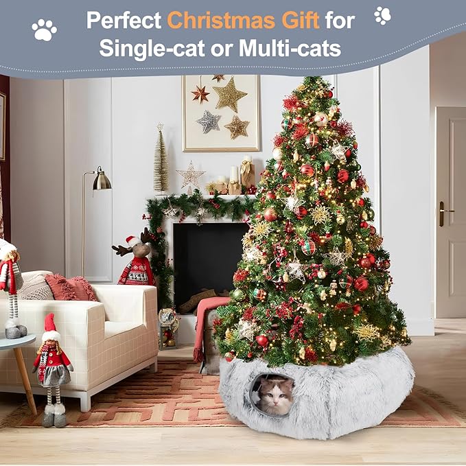 Cat Tunnel Bed for Indoor Cats - Christmas Tree Skirts Washable Warm Soft Indoor Cat Donut Tunnel, Multifunctional Cat Interactive Playground Toys for Felines Pet Christmas Decoration