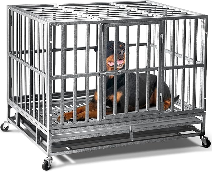 Oranland 38 inch Heavy Duty Indestructible Dog Crate,2025 New Upgraded Reinforced Baseplate for Large Dogs,XL Dog Crate for High Anxiety Dogs/Max Load Capacity 200lbs/Double Door with WheelsοΌSilverοΌ