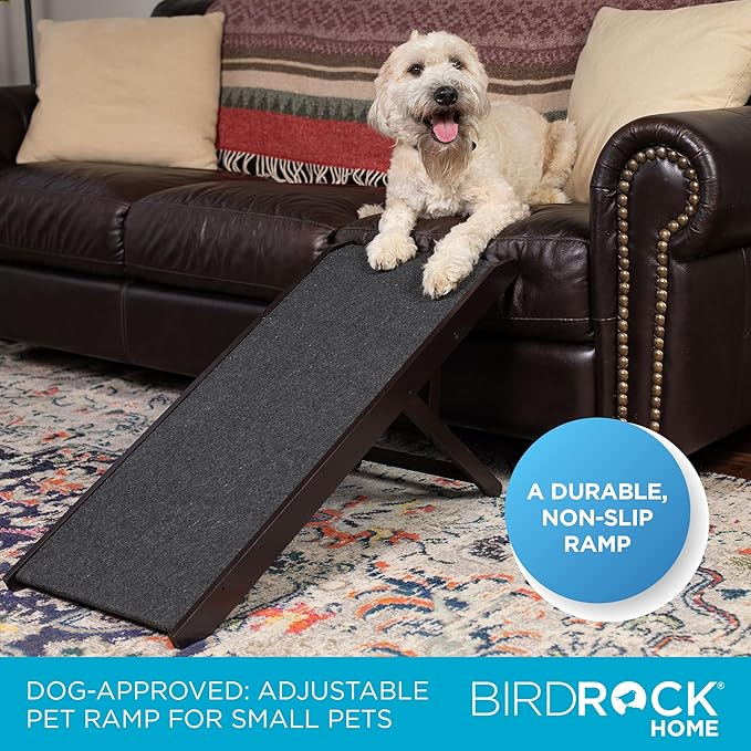 BIRDROCK HOME Adjustable Pet Ramp for Small Dogs, Cats, Puppies - Foldable Wooden Dog Ramp for Couch, Bed, Car - Indoor or Outdoor- Safe, Portable, Non-Slip Carpet - 16", Espresso