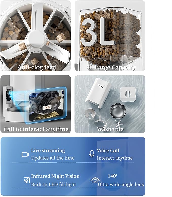 Automatic Cat Feeder with Camera, 1080P HD Video with Night Vision, Scheduled Automatic Pet Feeder, Separated Design Wide Grain Path with 2-Way Audio & Feeding Call Function for Cat & Small Dog