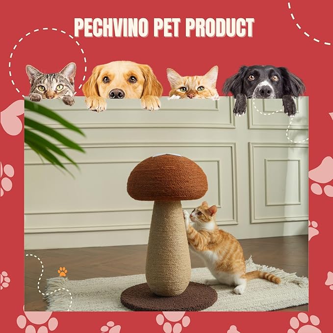 Shiitake Mushroom Cat Scratching Post – 100% Sisal Scratch Pole with Pompom Toy, Cute Shiitake Design for Indoor Cats, Durable Cat Scratcher Furniture