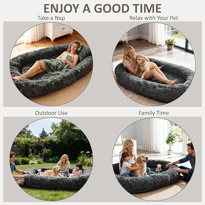 71" Human Dog Bed for Adult, Giant Orthopedic Memory Foam Dog Sofa Bed, Large Oversize Washable Faux Fur Pet Couch with Plump Pillow, Blanket, Strap - Dark Grey
