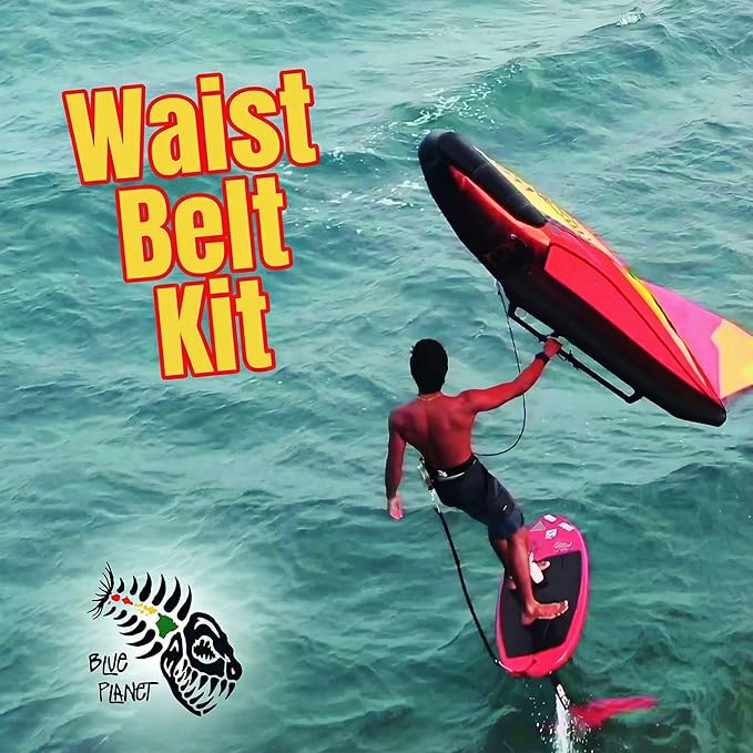 Blue Planet Waist Belt Kit - Including Zero Drag Retractable Leash System, Long Shock Cord and Lightweight Padded Waist Belt | Tangle-Free Foil waist leash kit (Hook and Leash tether NOT included)