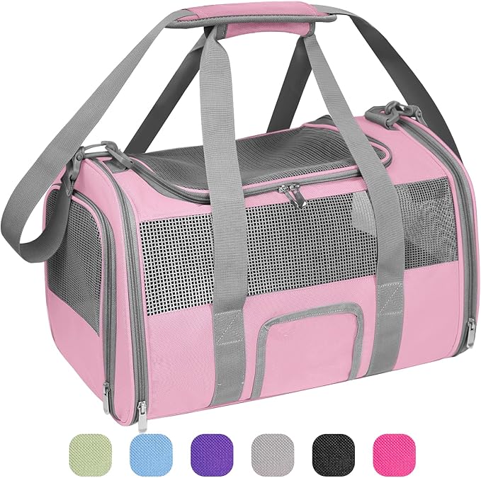 Soft Side Cat Carrier Airline Approved for Puppy Kitten Dog Carriers for Small Medium Cats Under 15lb, Collapsible TSA Approved Travel Pet Carrier, Pink with Grey