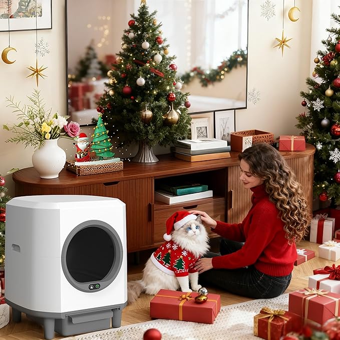 Self Cleaning Litter Box for Multiple Cats,90L Automatic Cat Litter Box Self Cleaning App-Controlled,Dual Safety Protection,1 Rolls Garbage Bags,White