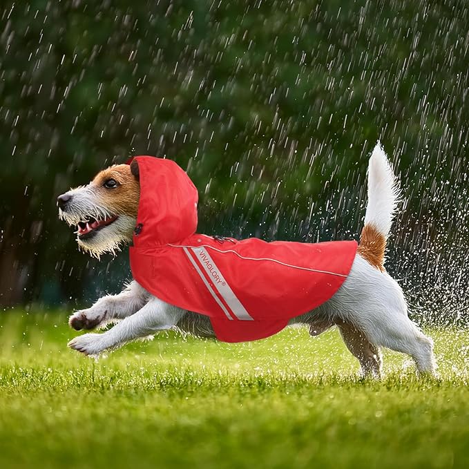VIVAGLORY Wetoff Dog Raincoat, Rain Coat for Dog All Seasons Adventure, Rain Jacket with Harness Hole & Hood, Reflective Lightweight Waterproof for Doggy & Puppy, XXS, Red