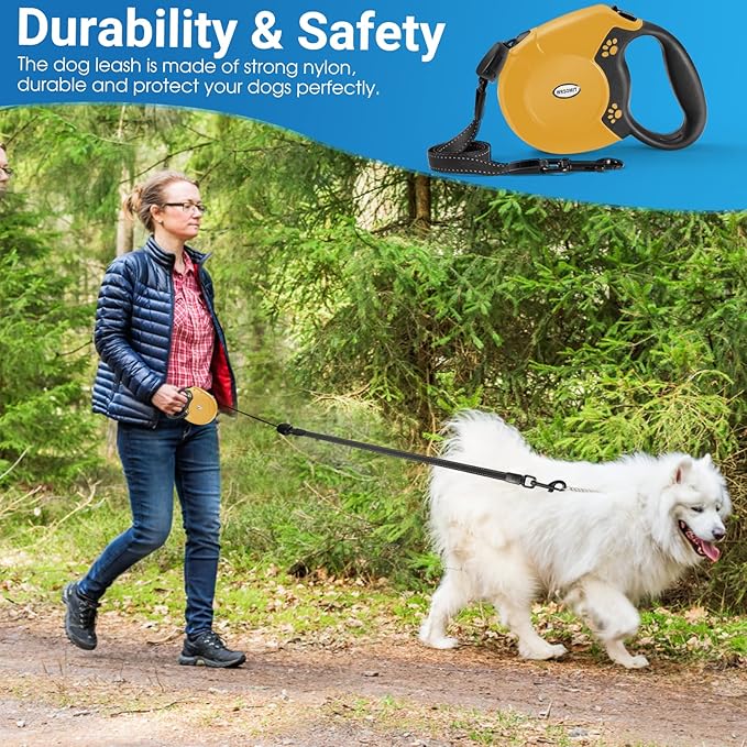 Retractable Dog Leash, 26 Ft Heavy Duty Pet Walking Leash for Small Medium Large Dogs up to 99lbs, Anti-Slip Handle, 360 ° No Tangle, Nylon Tape, One-Handed Brake (Yellow)