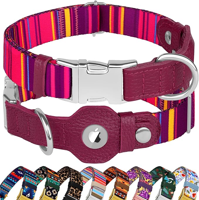 AirTag Dog Collar for Small Medium Large Breed - Adjustable Cute Pattern Dog Collar with Airtag Holder - Soft Leather Tracker GPS Apple Air Tag Pet Collars (Small, 12"-15" Neck Fit, Striped)