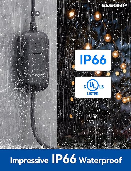 ELEGRP PQR10 Outdoor Smart Plug Waterproof IP66, WiFi Plug Compatible with Alexa & Google Assistant, Smart Outdoor Outlet for String Lights, No Hub Required, 1875 Max, UL Certified, 1 Pack, Black