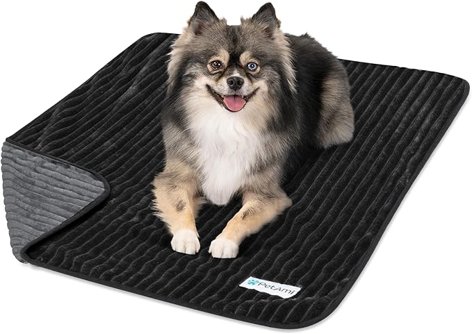 PetAmi Waterproof Dog Blanket, Leakproof Pet Blanket for Small Medium Large Dogs, Reversible Furniture Bed Sofa Couch Cover Protector, Plush Striped Pet Throw for Indoor Cat, 24x32 in, Black Grey