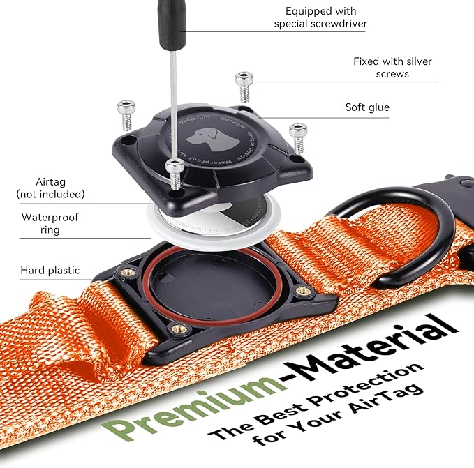 2025 Upgrade Waterproof AirTag Dog Collar, Military Tactical Dog Collar with AirTag Holder, Comfortable Control Handle and Metal Buckle, GPS Dog Collar Holder for Medium to Large Dogs (Orange, XL)