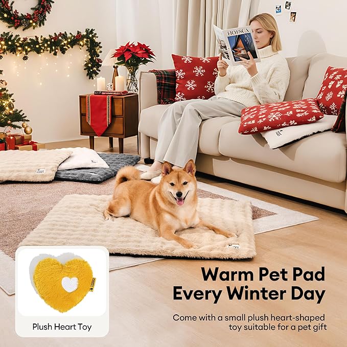 FUNNY FUZZY Self Warming Cat Bed, Waterproof Self Heating Pad for Cats & Dogs, Cozy Plush Warm Pet Mat with Removable Washable Cover - ThermoPad, 31.5"×25", Cream White