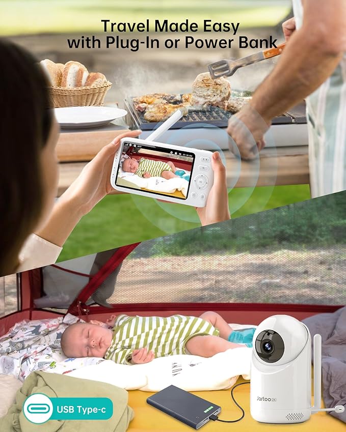 Jartoo 2K Video Baby Monitor with 2 Cameras and Audio, Long Range Baby Monitor No WiFi, 5.5" Split Display, VOX - AI Cry Detect, ANR, IR Night Vision, 2-Way Audio, 6000mAh