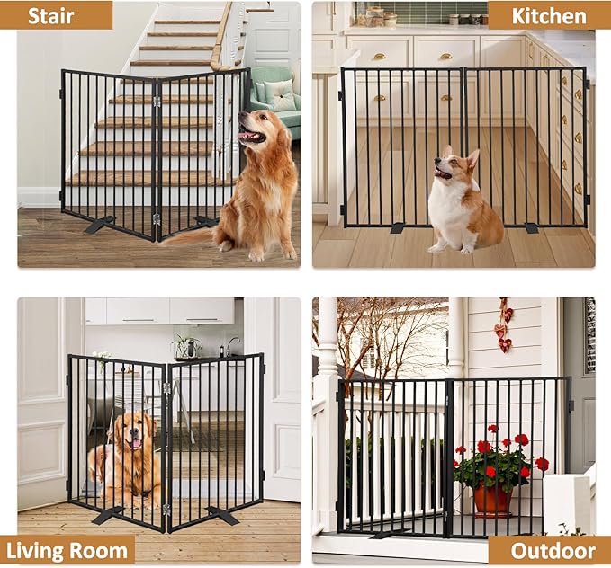 Metal Freestanding Dog Gates with Door,Extra Wide 24", 32" Height Foldable Dog Fence for Indoor & Outdoor, Heavy Duty Freestanding Pet Barrier for Stairs, Doorways, Halls, Kitchen,Yard,Christmas Tree