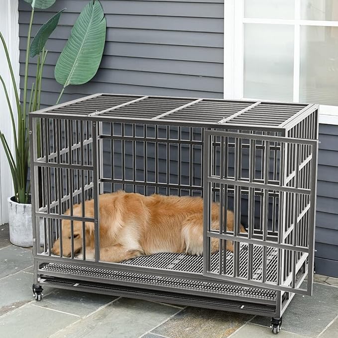 LEMBERI 42 inch Heavy Duty Indestructible Dog Crate, Escape Proof Dog Cage Kennel with Lockable Wheels,High Anxiety Double Door Dog Crate,Extra Large Crate Indoor for Large Dog with Removable Tray