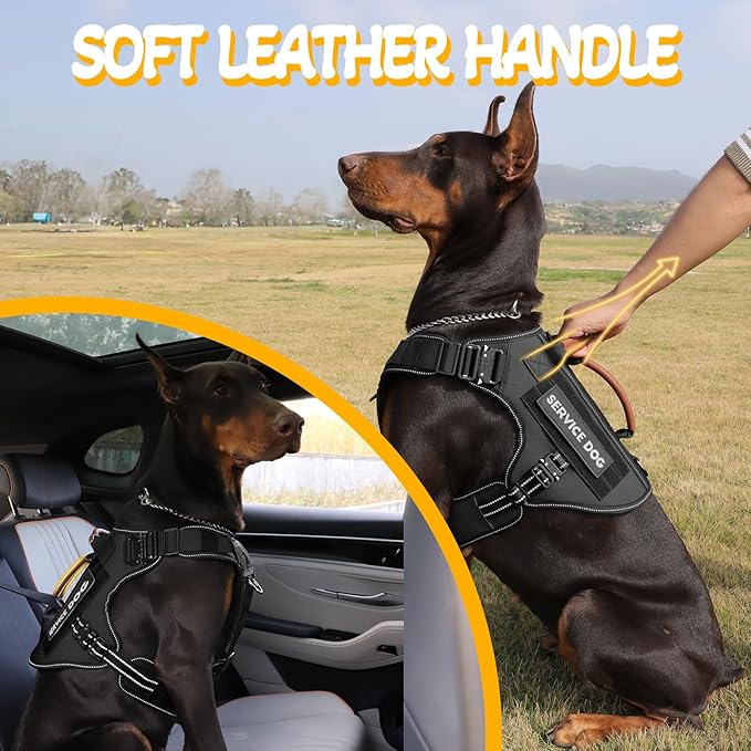 Service Dog Vest - HEYCAHVA Tactical Dog Harness Full Metal Buckles for Large Medium Dog Reflective No Pull Dogs Harnesses Vest with Leather Handle, Hook & Loop for Hiking Training (Black, L)