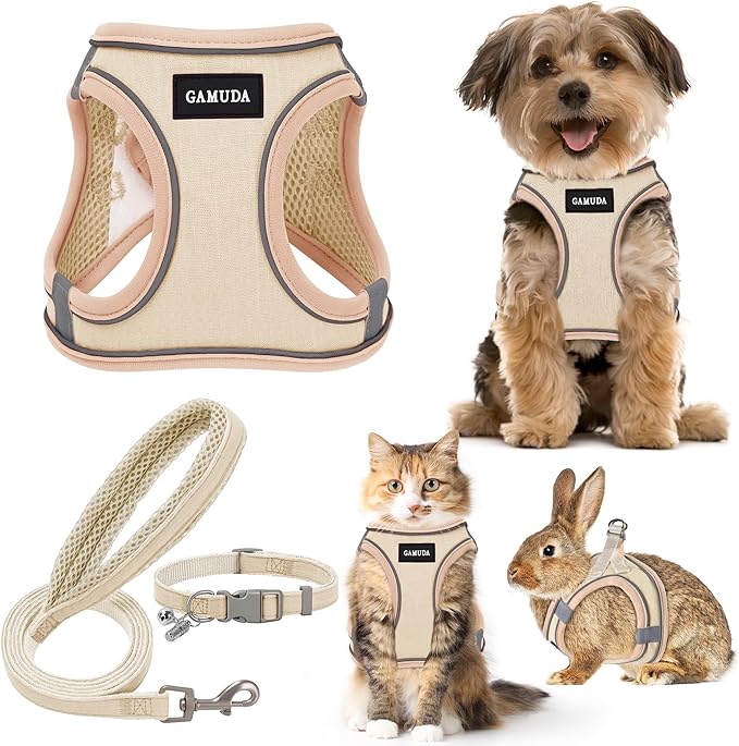 GAMUDA Small Pet Harness Collar and Leash Set, Step in No Chock No Pull Linen Fabric Soft Mesh Dog Vest Harnesses Reflective for Dogs Puppy Cats Kitten Rabbit (Khaki, XS)