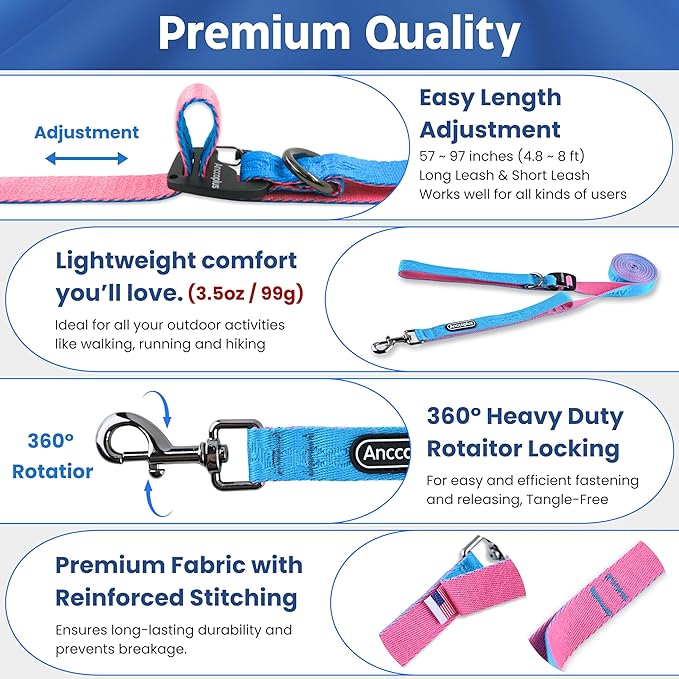 Hands Free Dog Leash, Multifunctional Crossbody Running for Dogs, Ultra-Light Dog Training Leash with Secure Clip, Short & Long Leashes, Adjustable Service Dog Leashes (Aqua Pink)