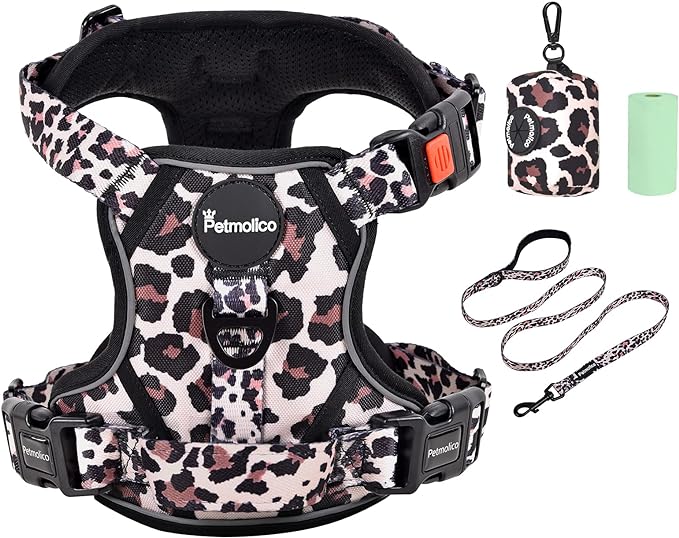 Petmolico No Pull Dog Harness Set with Leash Attachment Easy Control Handle Reflective Harness Vest Small Breed, Puppy Vest and Leash Set with Poop Bag Holder, Small - Leopard
