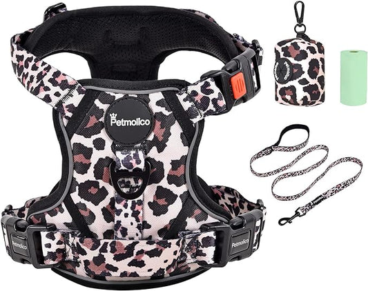 Petmolico No Pull Dog Harness Set with Leash Attachment Easy Control Handle Reflective Harness Vest Small Breed, Puppy Vest and Leash Set with Poop Bag Holder, Small - Leopard