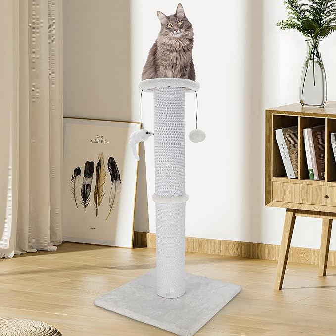 Cat Scratching Post 34 Inches Heavy Duty and Thicker Cat Scratching Post Sisal Rope with Hanging Ball and Mice Scratching Post for Indoor Cats and Adult(White)