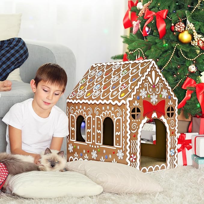 Cinrobiye Christmas Cardboard Cat House with Scratcher Pet Gingerbread Board Bed Cave Playhouse Hideaway Hideout Condo Decor Small Animals Scratch Box for Indoor Cats Kittens Rabbits Bunny (Brown, 1)