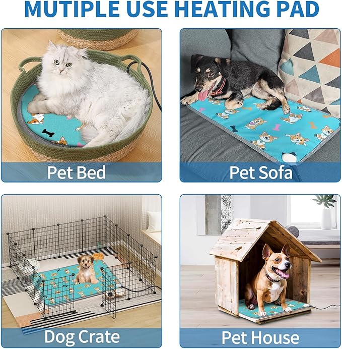 Dog Heating Pad 28×18 in Waterproof Heated Dog Bed,Smart Thermostat Switch with Normally Open On Function,Puppy Heating Pad with Metal Protective Tubes Added-Blue