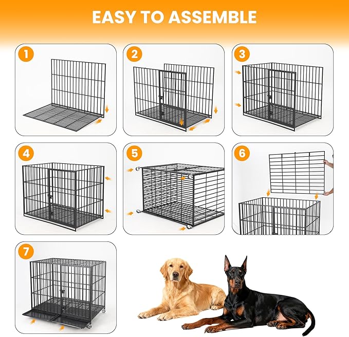 Garvee 54 Inch Heavy Duty Dog Crate, Metal Escape Proof Dog Kennel Indoor with 3 Doors, Removable Tray, Extra Large Dog Cage with Wheels for Large and Medium Dogs, Black